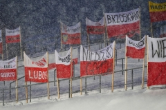 Polskie flagi na pustych trybunach (fot. Julia Piątkowska)