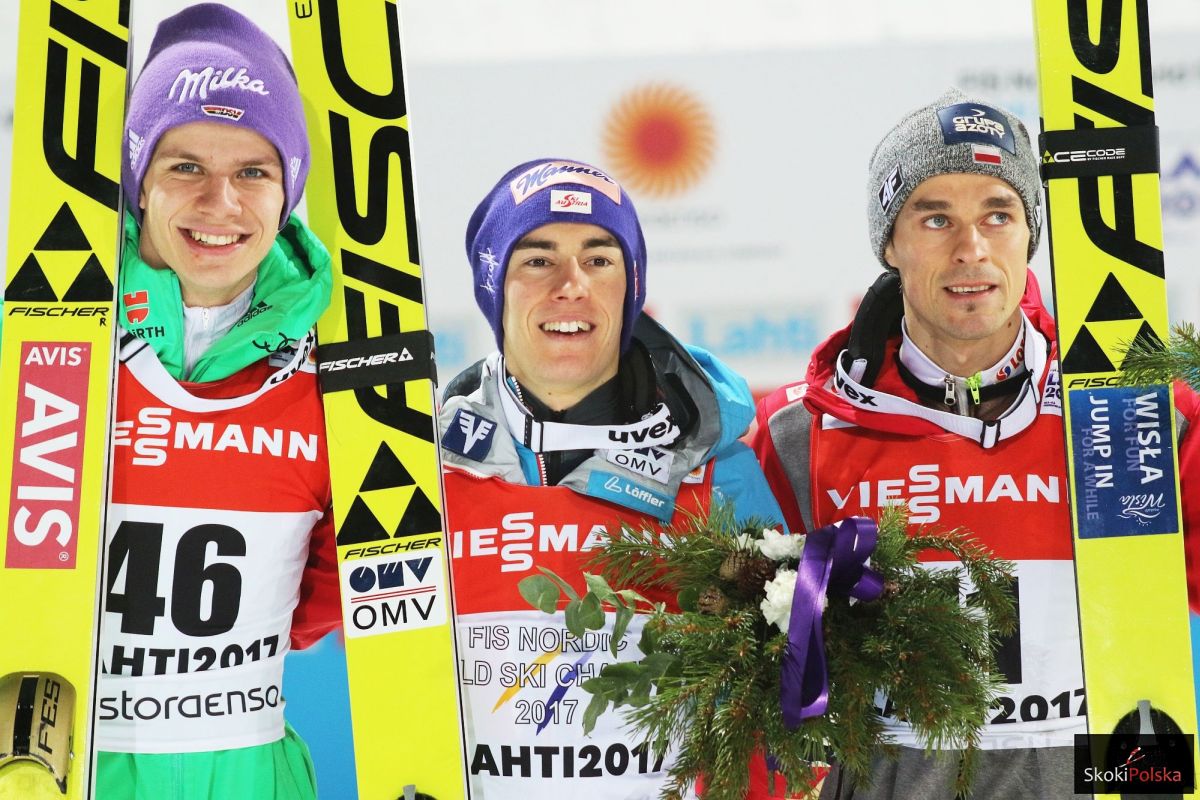 Medaliści MŚ Lahti 2017 na dużej skoczni (od lewej: Wellinger, Kraft, Żyła), fot. Julia Piątkowska